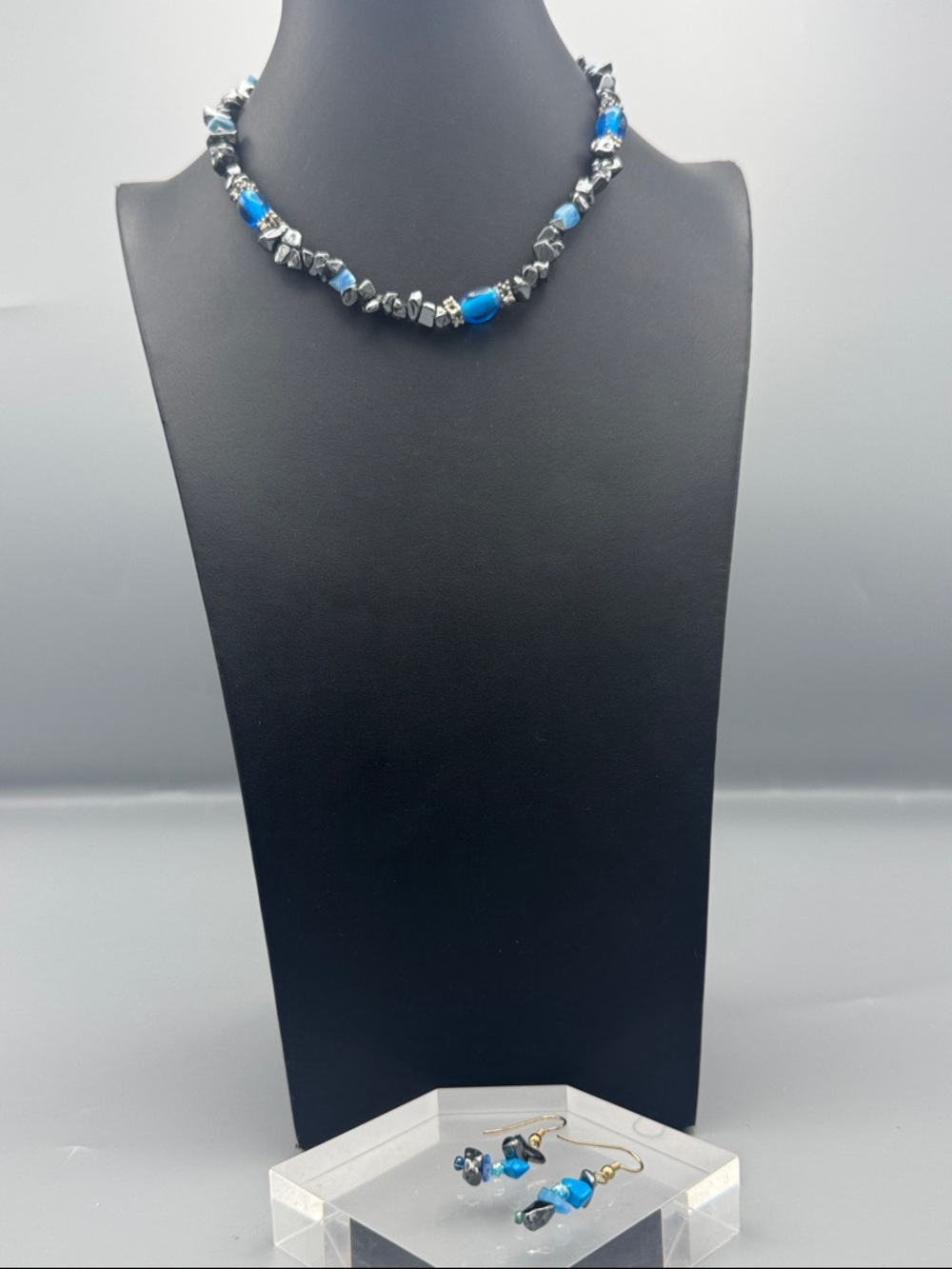 Blue Hematite Beaded Necklace and Earrings Set